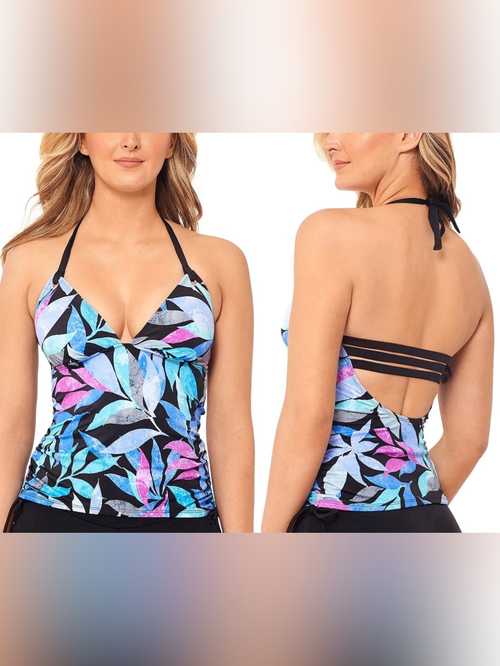 NWT Salt & Cove Blue Black Abstract Floral Tankini Tank Top Swimsuit S